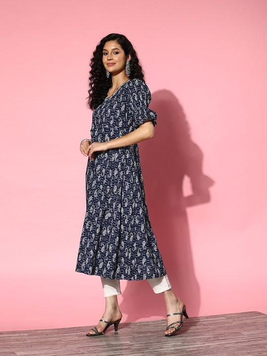 Yufta Ethnic Motifs Printed Flared Sleeves Cotton Kurta
