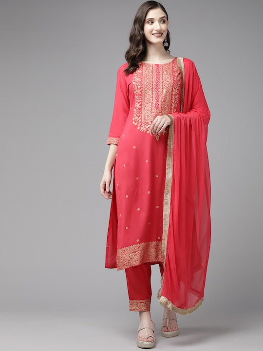 Yufta Pink Ethnic Motifs Printed Kurta with Trousers & With Dupatta