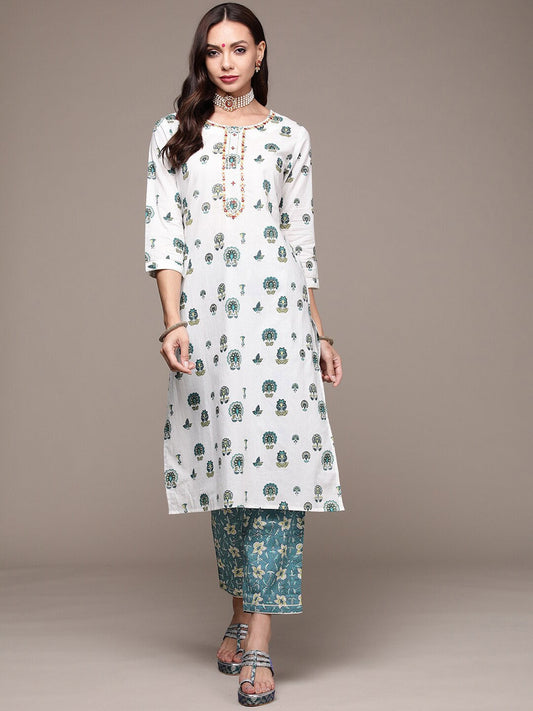 Anubhutee Floral Printed Thread Work Straight Pure Cotton Kurta with Trousers - S
