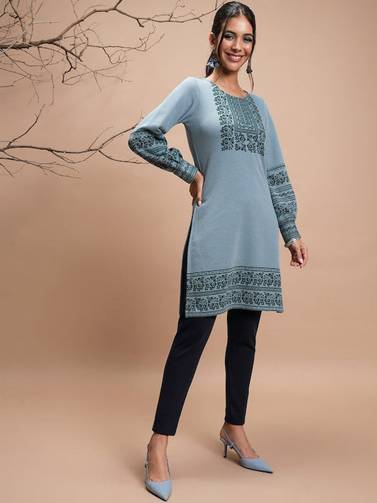 Vishudh Floral Printed Puff Sleeves Straight Kurta