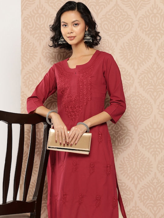 Yufta Floral Embroidered Chikankari Cotton Kurta Maroon