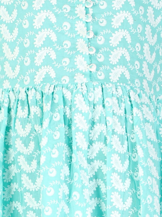 Vastramay Girls Green Embroidered Cotton Ethnic Dresses