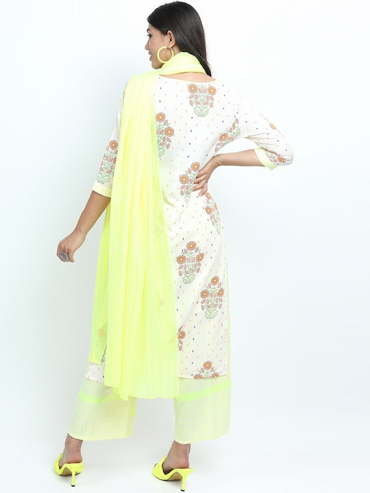 Vishudh Women Off White & Green Floral Printed Kurta with Palazzos & Dupatta
