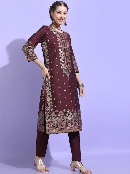 Vishudh Women Burgundy Ethnic Motifs Viscose Rayon Kurta with Trouser & Dupatta