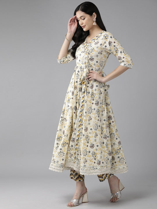 Yufta Women Printed Angrakha Gotta Patti Pure Cotton Kurta with Trousers & With Dupatta