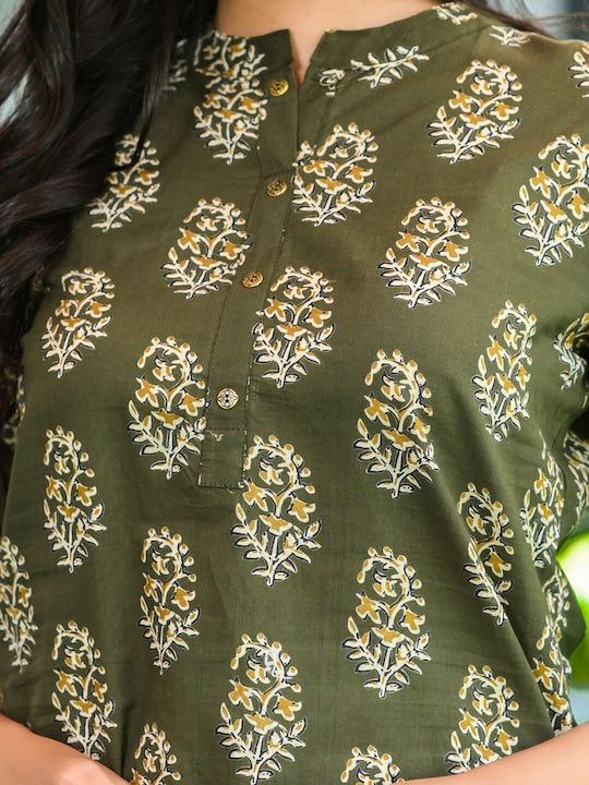 Yufta Women Green Ethnic Motifs Printed Pure Cotton Kurta with off White Solid Palazzos