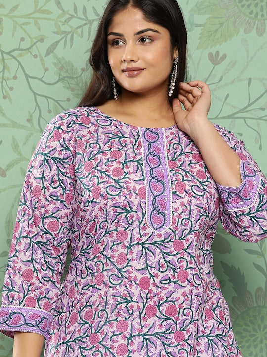 Yufta Plus Size Floral Printed Pure Cotton Kurta