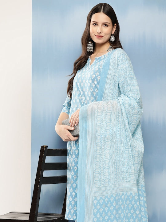 Yufta Women Blue Ethnic Motifs Printed Regular Thread Work Pure Cotton Kurta with Trousers & With Dupatta
