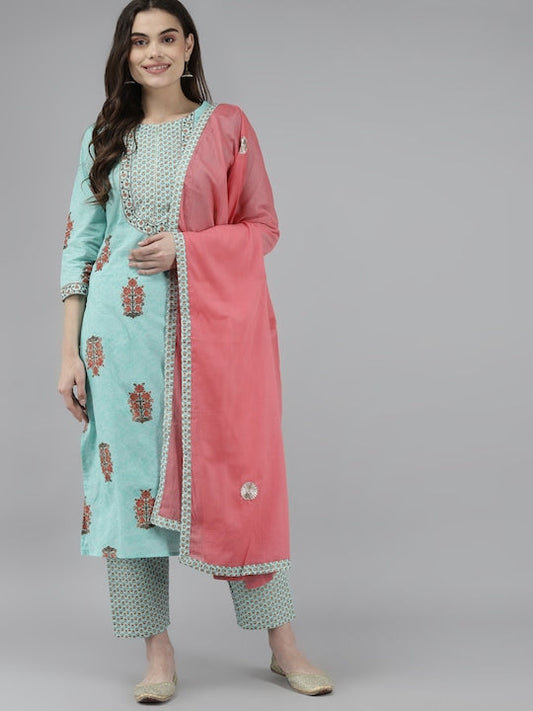 Yufta Women Blue & Orange Ethnic Motifs Printed Pure Cotton Kurta with Trousers & Dupatta