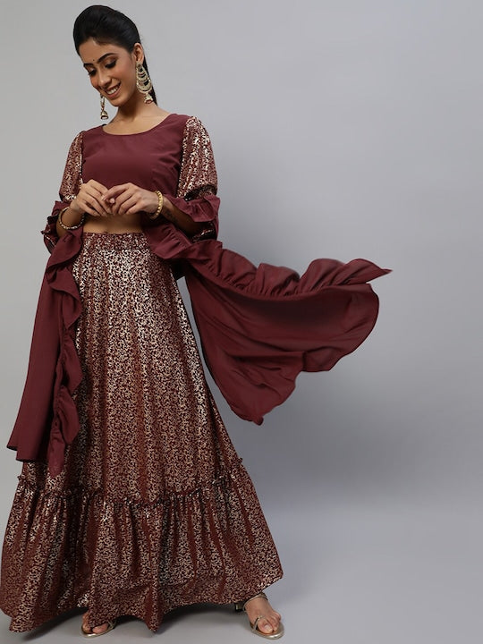 AKS Couture Burgundy & Gold-Toned Printed Ready to Wear Lehenga & Blouse With Dupatta
