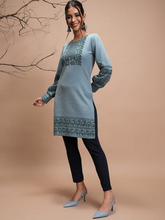 Vishudh Floral Printed Puff Sleeves Straight Kurta