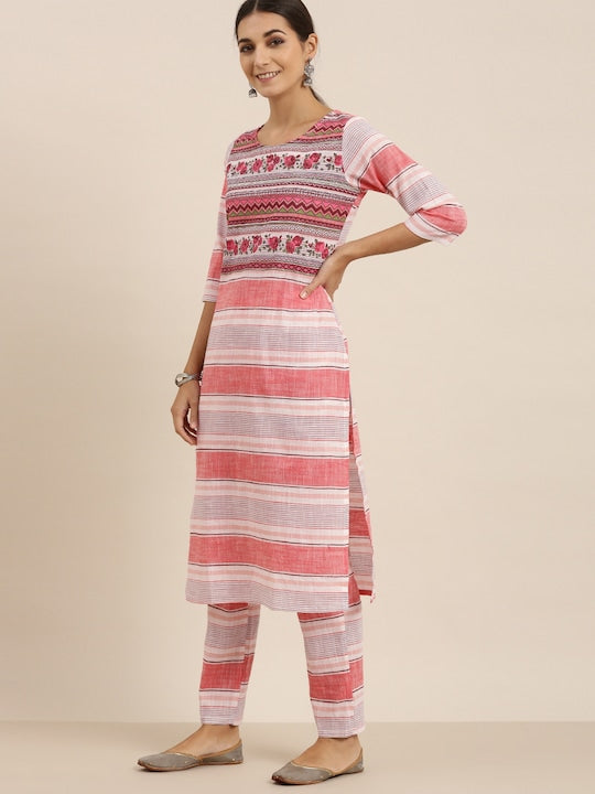 Vishudh Women Cream and Pink Striped Pure Cotton Kurta with Trousers