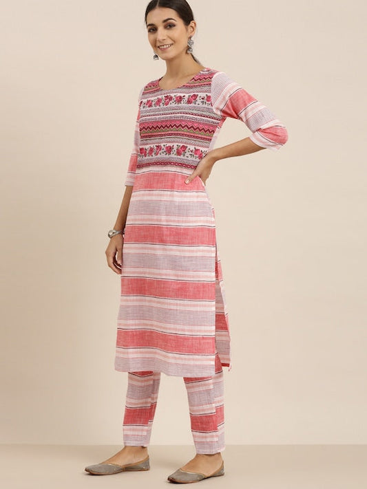 Vishudh Women Cream and Pink Striped Pure Cotton Kurta with Trousers