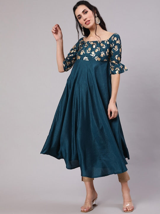 AKS Floral Printed Square Neck Anarkali Kurta