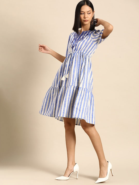 All about you White & Blue Striped Flared Sleeve A-Line Midi Dress