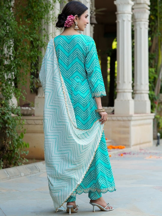 Yufta Chevron Printed Sequinned Anarkali Kurta with Trousers & With Dupatta
