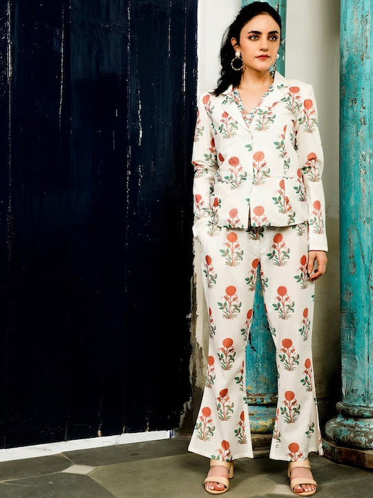 AKS Couture Floral Printed Pure Cotton Blazer With Trousers & Waistcoat