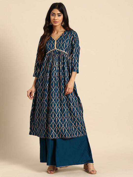 All about you Ethnic Motifs Foil Print Gotta Patti Detail Kurta with Palazzos