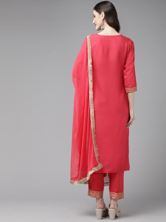Yufta Pink Ethnic Motifs Printed Kurta with Trousers & With Dupatta
