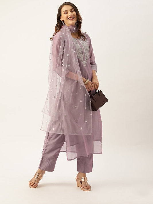 Varanga Women Mauve Zari Yoke Design Chanderi Silk Kurta with Trousers & Dupatta