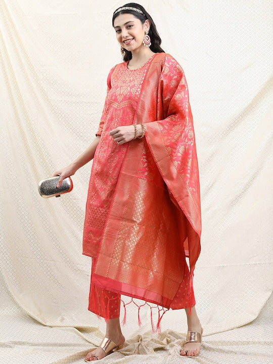 Vishudh Women Poly Brocade Ethnic Motifs Kurta with Trousers & Dupatta