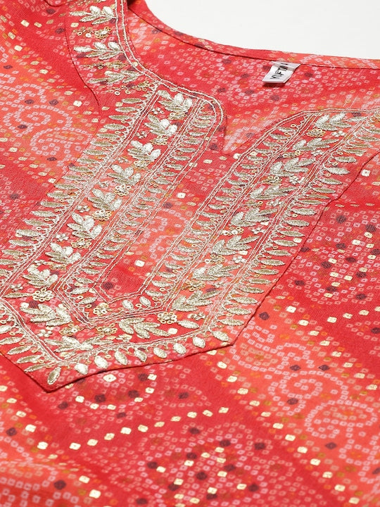 Yufta Women Red Bandhani Printed Regular Gotta Patti Kurta with Palazzos & With Dupatta