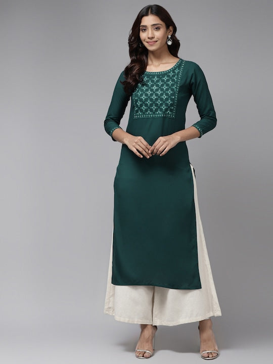 Yufta Women Green Embroidered Kurta