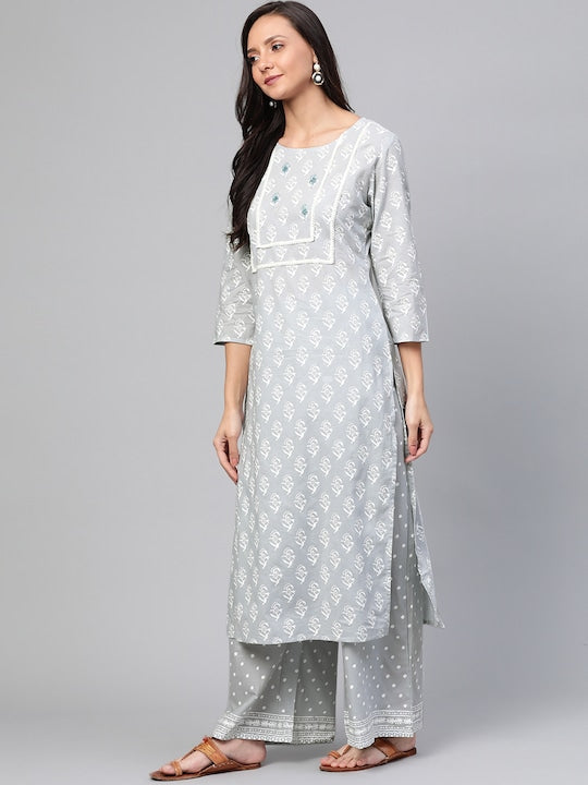 Yufta Women Grey & White Printed Kurta with Palazzos & Dupatta