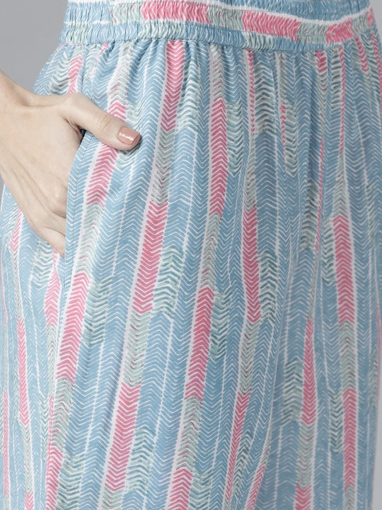 Yufta Women Blue Ethnic Motifs Printed Gotta Patti Pure Cotton Kurta with Trousers & With Dupatta