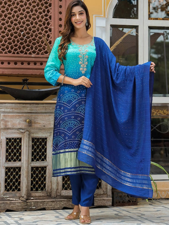 Vishudh Bandhani Printed Regular Thread Work Kurta with Trousers & Dupatta