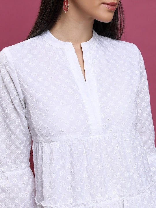 Vishudh Floral Embroidered Mandarin Collar Bell Sleeve A-Line Above Knee Dress