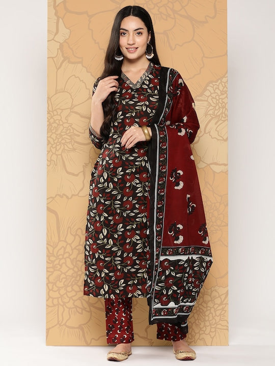 Yufta Women Floral Printed Regular Pure Cotton Kurta with Palazzos & With Dupatta