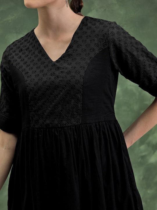 Vishudh Floral Embroidered V-Neck A-Line Midi Dress