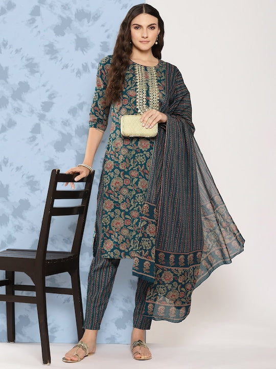 Yufta Women Ethnic Motifs Printed Mirror Work Pure Cotton Kurta with Trousers & Dupatta