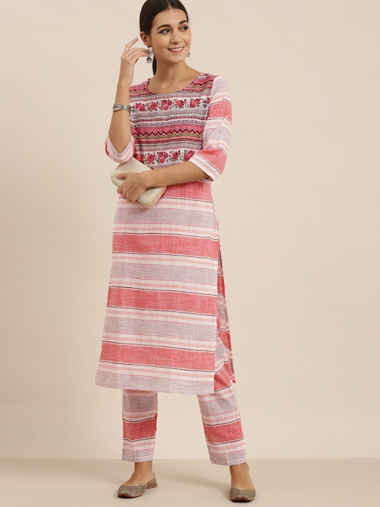 Vishudh Women Cream and Pink Striped Pure Cotton Kurta with Trousers