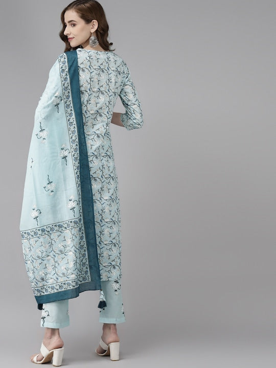 Yufta Women Blue & White Floral Printed Pure Cotton Kurta with Trousers & Dupatta