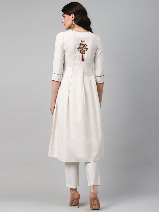 Yufta Women Off-White Yoke Design Kurta with Trousers