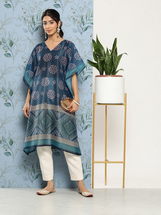 Yufta Women Bandhani Printed Flared Sleeves Indigo Kaftan Kurta