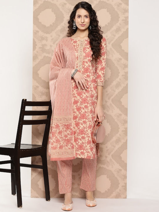 Yufta Women Floral Embroidered Regular Gotta Patti Cotton Kurta with Trousers & Dupatta