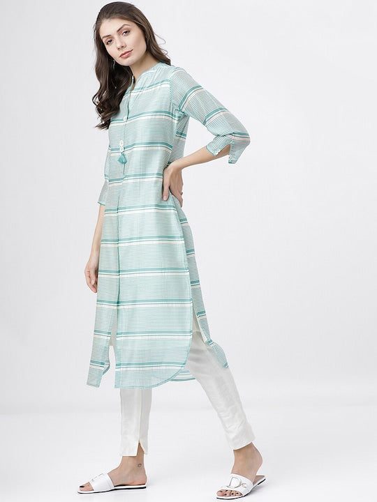 Vishudh Women Turquoise Blue & White Striped Kurta