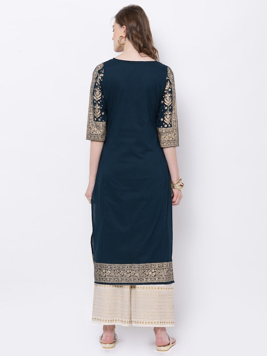 Vishudh Women Navy Blue & Gold-Toned Printed Straight Kurta
