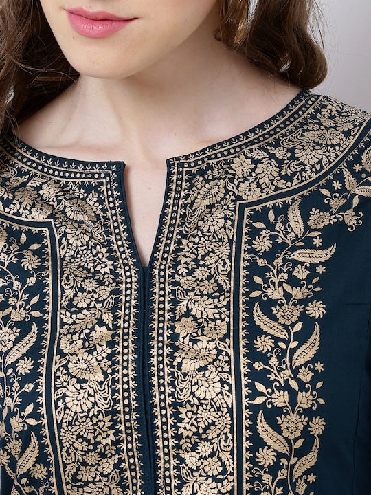 Vishudh Women Navy Blue & Gold-Toned Printed Straight Kurta