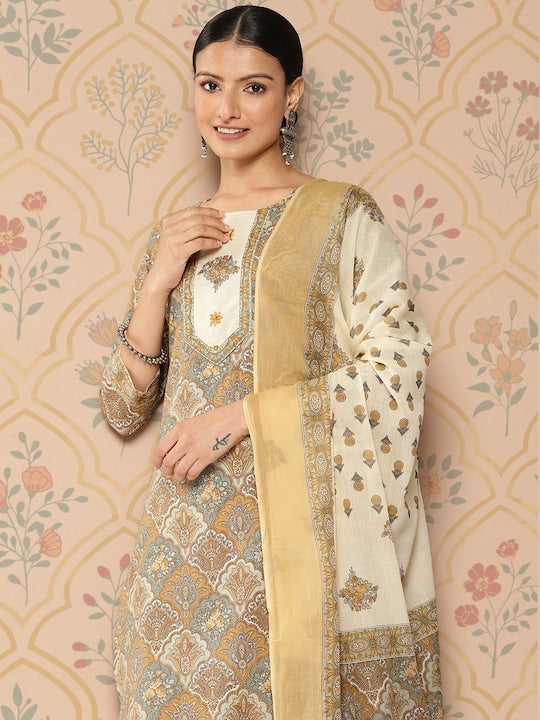 Yufta Women Ethnic Motifs Printed Sequinned Cotton Kurta with Harem Pants & Dupatta