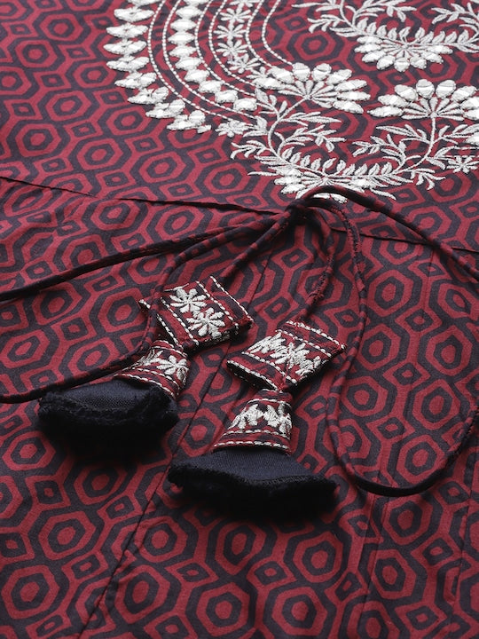 Yufta Women Maroon Geometric Printed Bell Sleeves Mirror Work Cotton Kurta - XXL