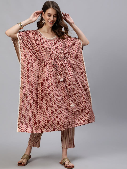 Anubhutee Women Red Printed Sequinned Kaftan Kurta with Trousers - XXL