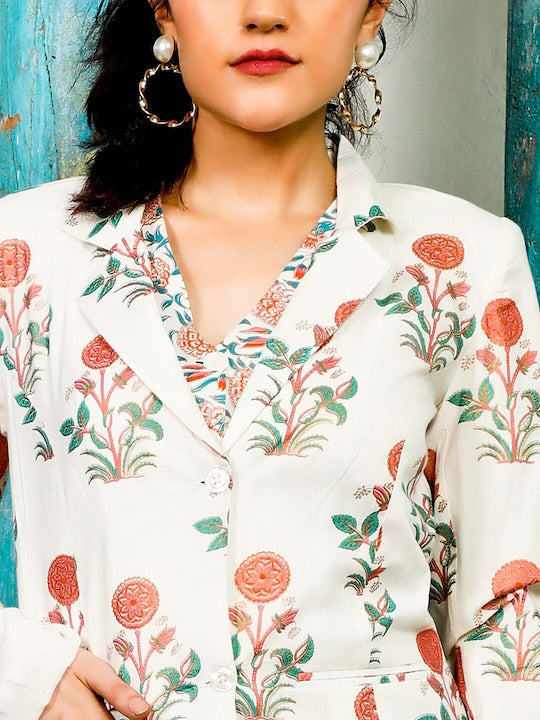 AKS Couture Floral Printed Pure Cotton Blazer With Trousers & Waistcoat