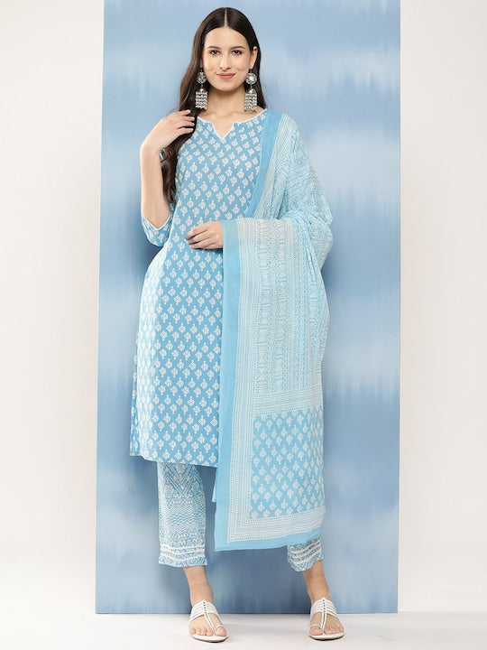 Yufta Women Blue Ethnic Motifs Printed Regular Thread Work Pure Cotton Kurta with Trousers & With Dupatta