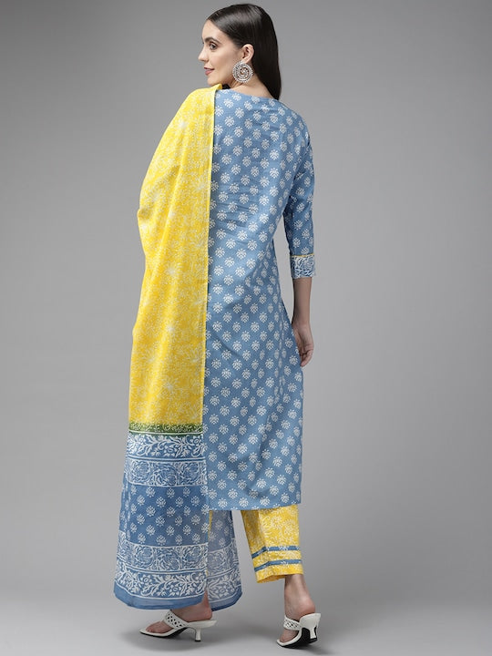 Yufta Women Blue & Yellow Ethnic Motifs Printed Kurta with Trousers & Dupatta