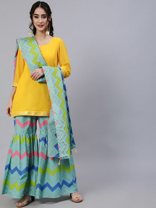 AKS Leheriya Printed Mirror Work Georgette Straight Kurta With Sharara & Dupatta
