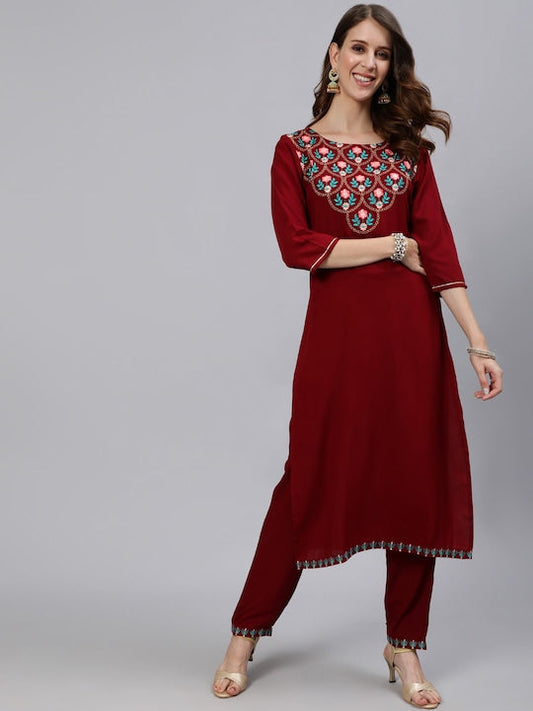 Anubhutee Women Maroon Yoke Design Regular Kurta with Trousers